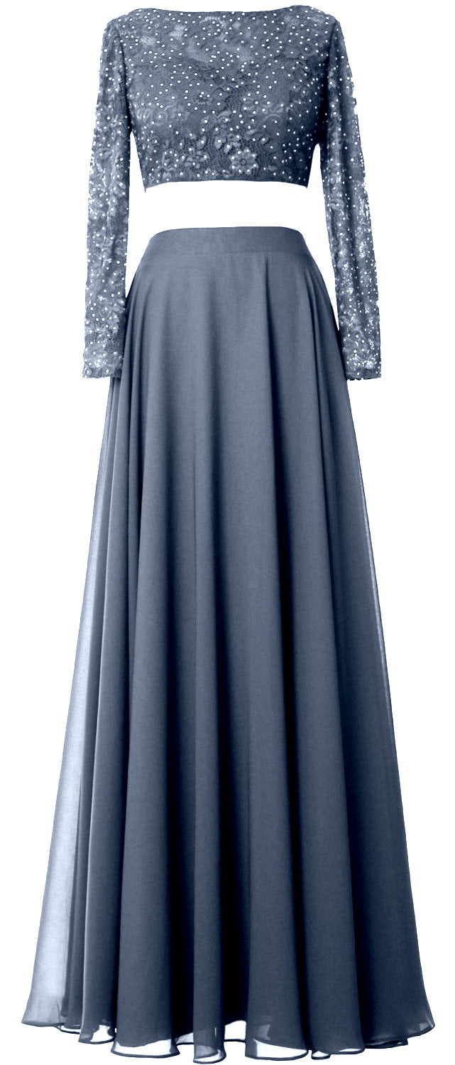 MACloth Damen Abendkleid aus Spitze und Chiffon, 2-teilig, lange Ärmel, Ballkleid