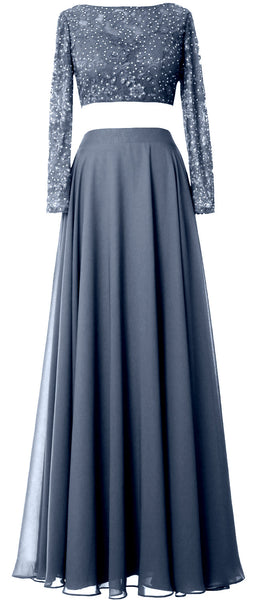 MACloth Women Lace Chiffon Formal Evening Gown 2 Piece Long Sleeves Prom Dresses