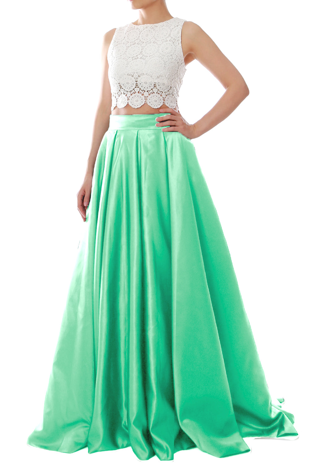 MACloth Women Two Piece O Neck Lace Long Prom Homecoming Dress Evening Ball Gown