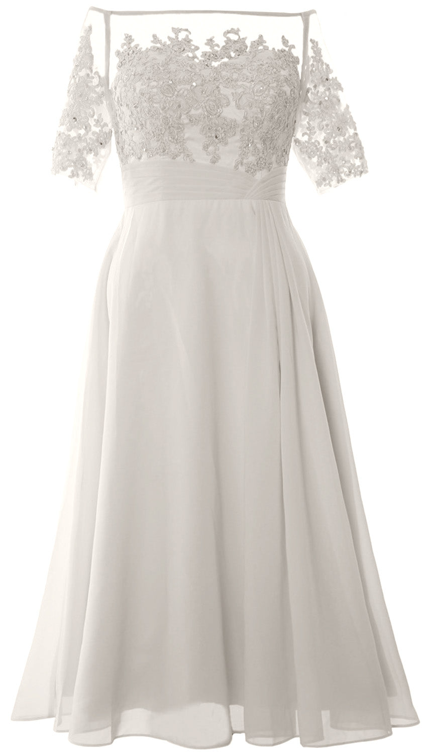 Vestidos de madre de la novia de MACloth, mangas cortas, midi, hombros descubiertos, semi formales