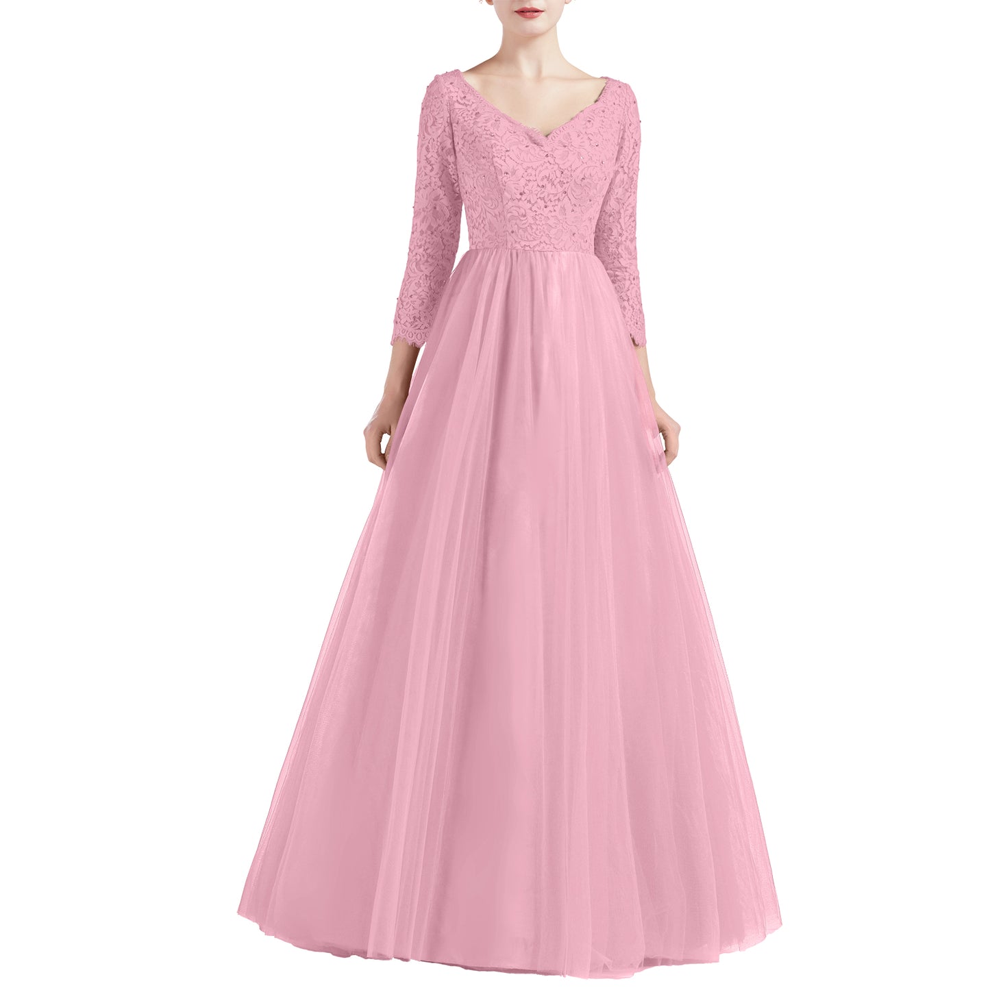 MACloth Women V Neck 3/4 Sleeve Long Tulle Prom Party Dresses Ball Gown Bridal