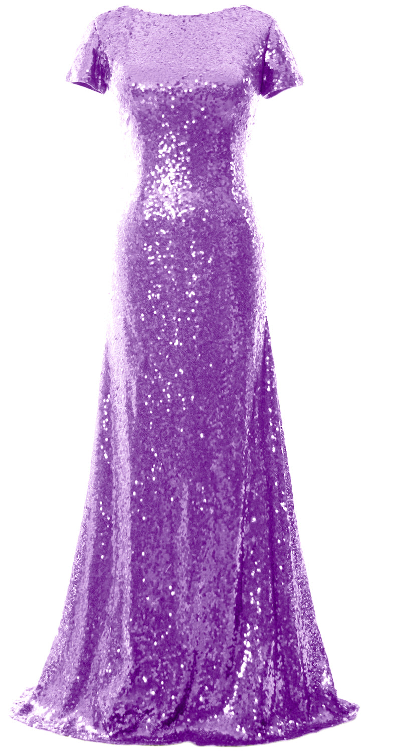 Vestido de dama de honor largo con lentejuelas y mangas cortas de sirena de MACloth, vestido de noche formal