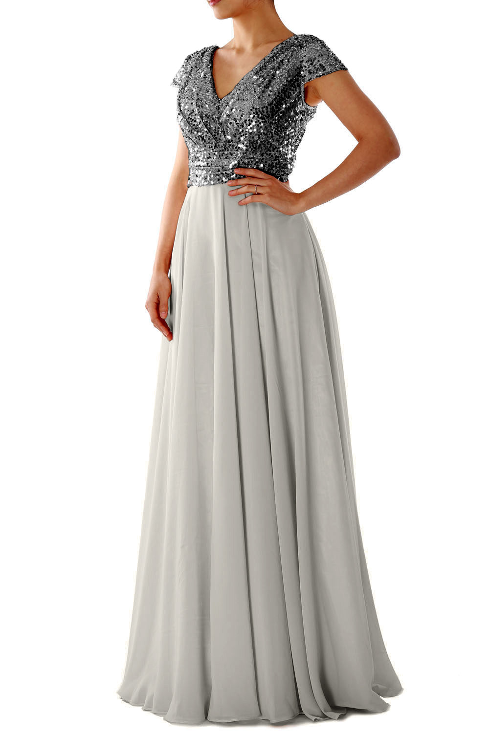 Cap Sleeves V Neck Sequin Chiffon Rose Gold Bridesmaid Dress