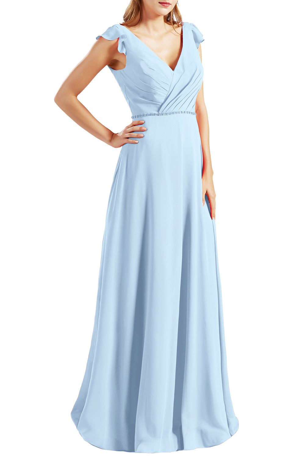MACloth Women Cap Sleeves V Neck Chiffon Long Bridesmaid Dresses Evening Gown