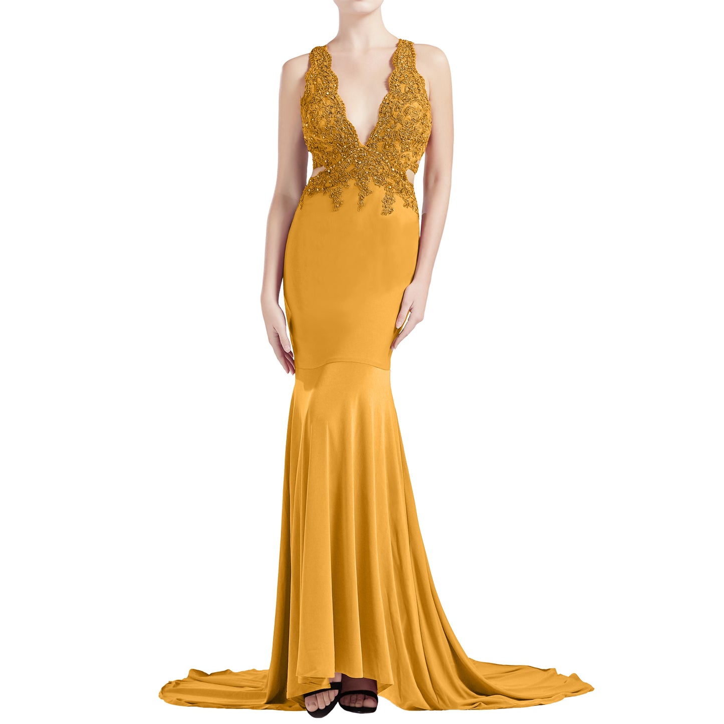 MACloth Damen Meerjungfrau V-Ausschnitt Spitze Langes Ballkleid Formales Abendkleid