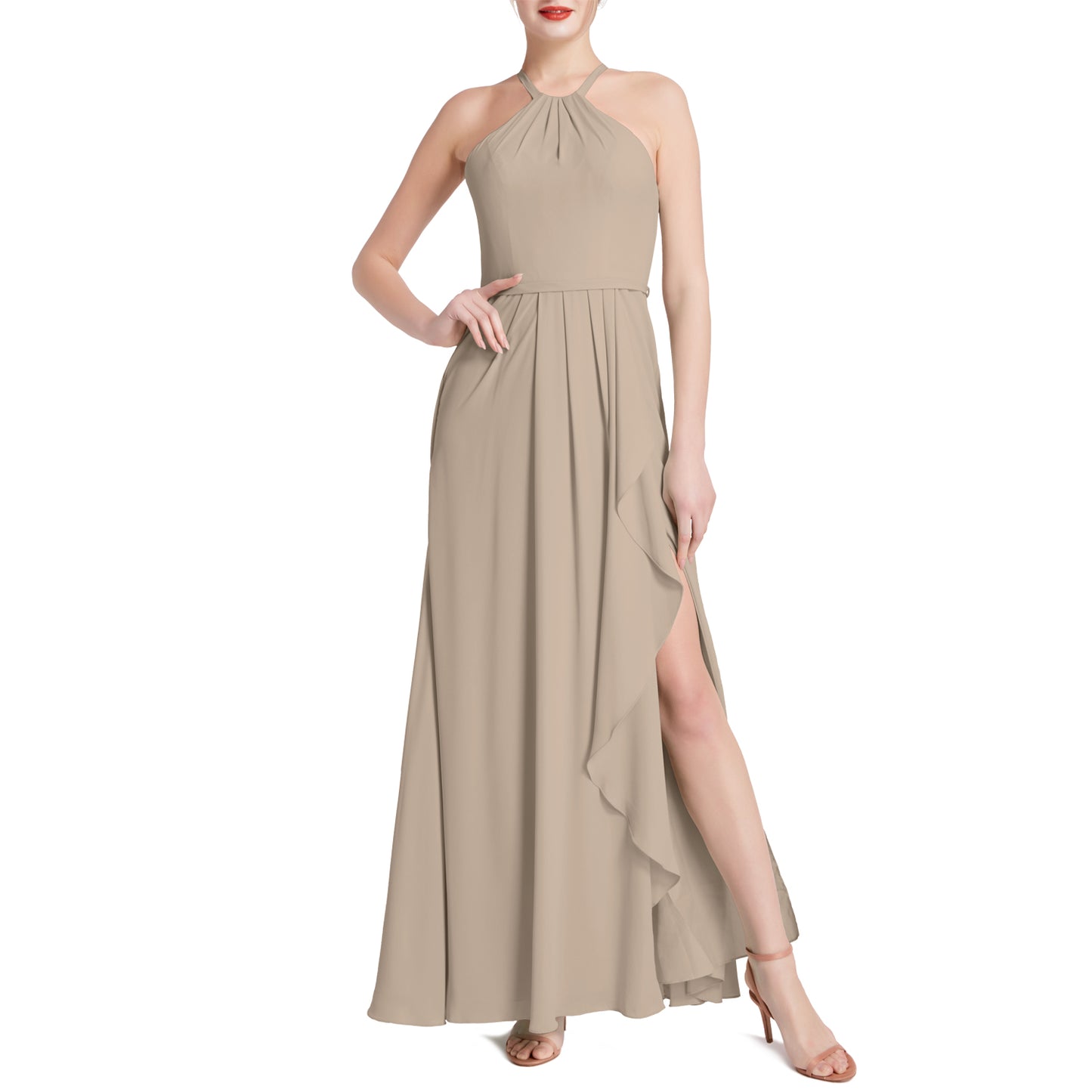 MACloth Damen Neckholder Langes Maxikleid für Hochzeit, Party, Brautjungfern, mit drapiertem Schlitz