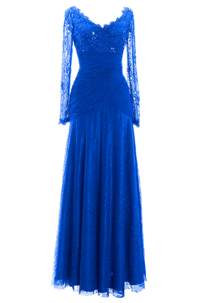 MACloth Women Long Sleeve V Neck Bead Mother of Bride Formal Dress Evening Gown