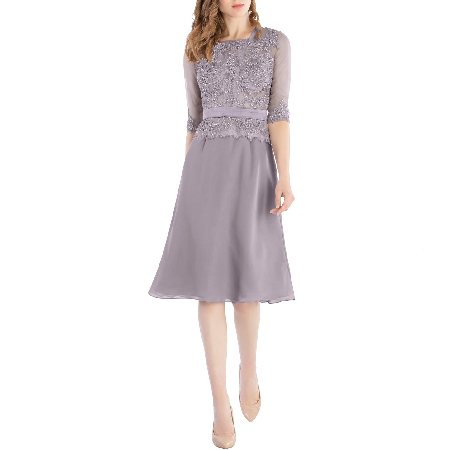 MACloth Damen-Kleid mit Rundhalsausschnitt, Perlenspitze, kurze Halbärmel, für die Brautmutter, Hochzeit, Brautparty