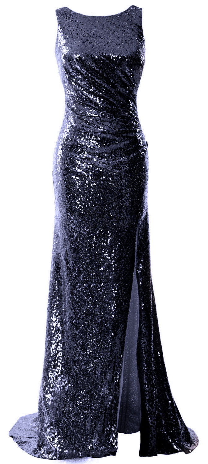 MACloth Women Sequin Long Bridesmaid Dresses Cowl Back Prom Evening Gown Split