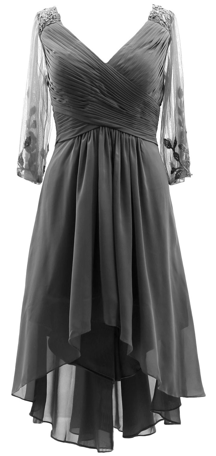 MACloth Damen Abendkleid mit V-Ausschnitt, High Low, für die Brautmutter, mit Ärmeln