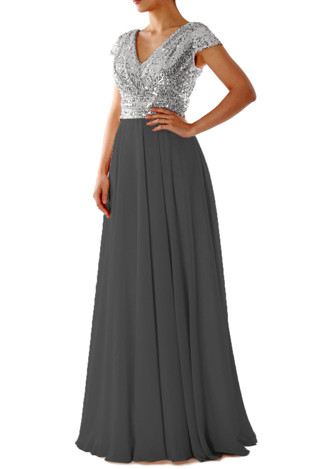 Cap Sleeves V Neck Sequin Chiffon Rose Gold Bridesmaid Dress