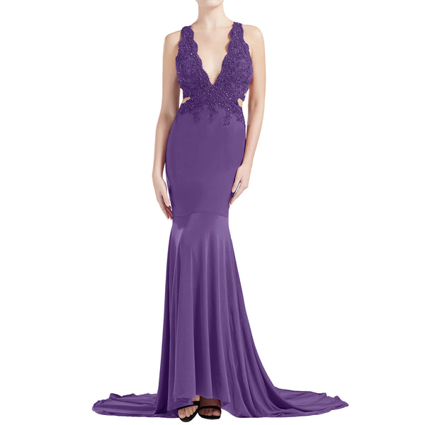 MACloth Women Mermaid V Plunging Neck Lace Long Prom Dresses Formal Evening Gown