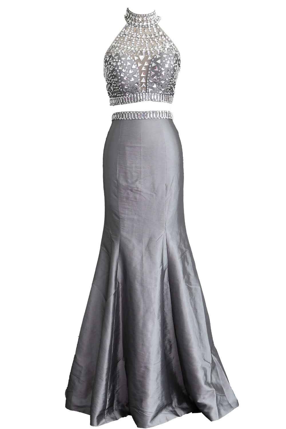 MACloth Damen Meerjungfrau Zweiteiliges Ballkleid mit hohem Halsausschnitt aus Taft, lang, formelles Kleid