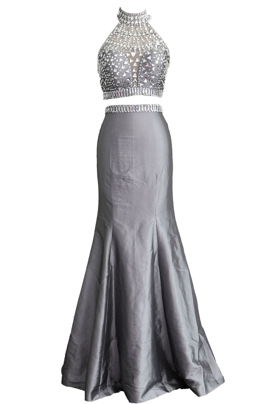 MACloth Damen Meerjungfrau Zweiteiliges Ballkleid mit hohem Halsausschnitt aus Taft, lang, formelles Kleid