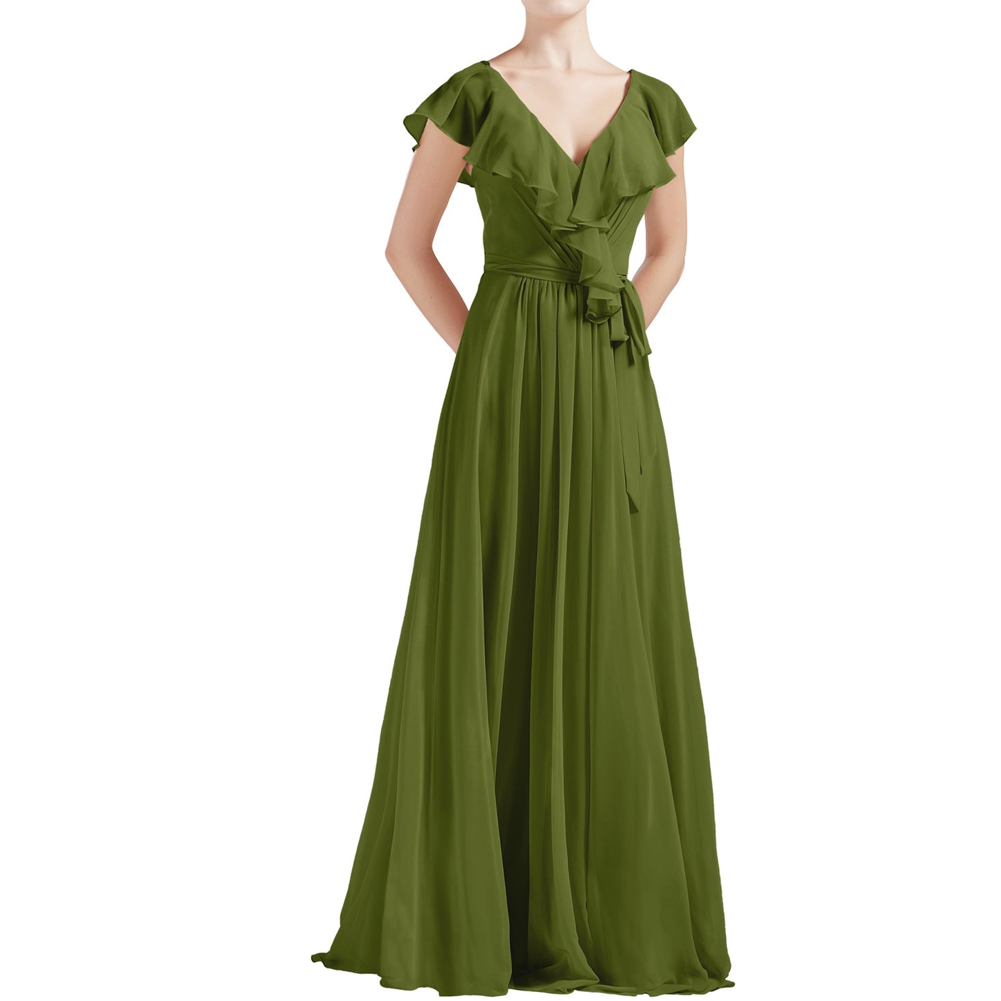 MACloth Women V Neck Ruffle Cap Sleeves Long Bridesmaid Dresses