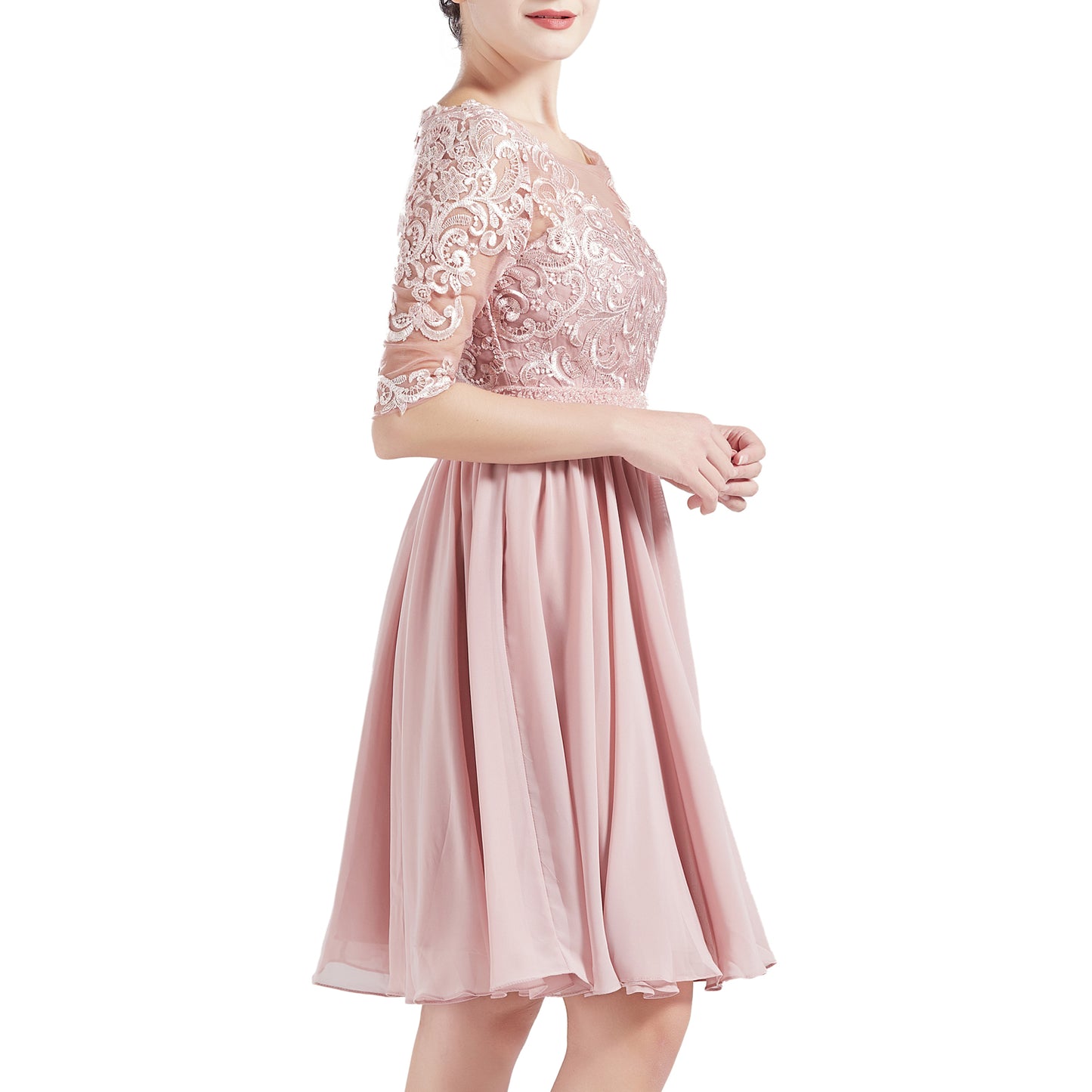 MACloth Women Half Sleeves Short Lace Beading Boat Neckline Mother of Bride Dresses Wedding Bridal Party