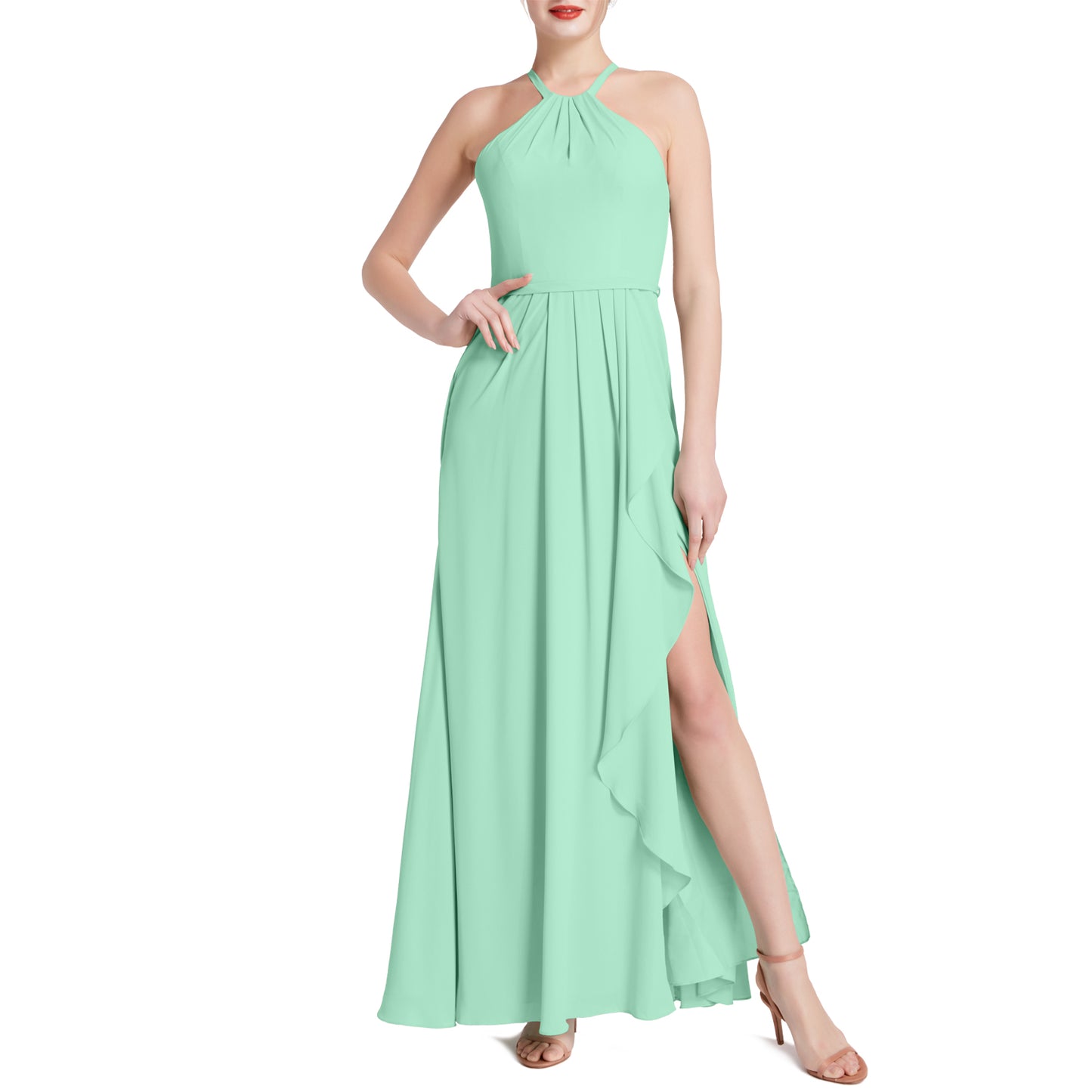 MACloth Damen Neckholder Langes Maxikleid für Hochzeit, Party, Brautjungfern, mit drapiertem Schlitz