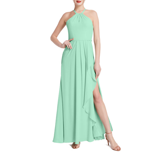 MACloth Damen Neckholder Langes Maxikleid für Hochzeit, Party, Brautjungfern, mit drapiertem Schlitz
