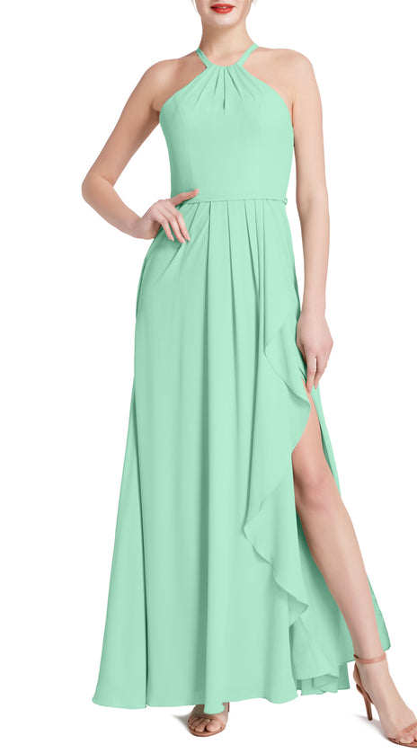MACloth Women Halter Long Maxi Wedding Party Bridesmaid Dresses with Drape Slit