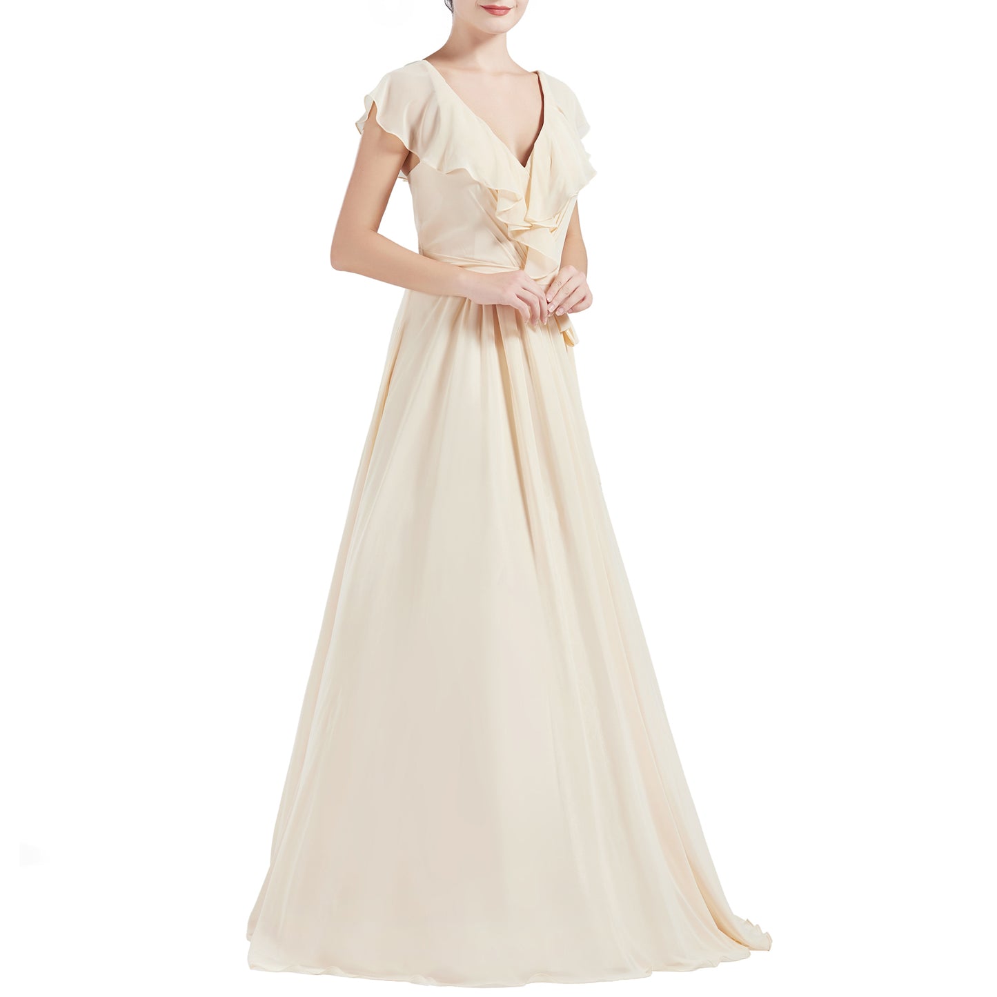 MACloth Women V Neck Ruffle Cap Sleeves Long Bridesmaid Dresses