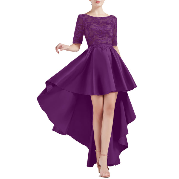 MACloth Women Scoop Neckline Half Sleeve High Low Lace Satin Prom Party Homecoming Dresses