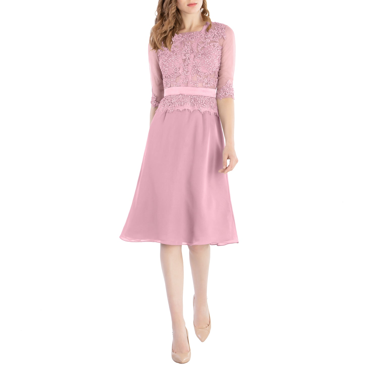 MACloth Damen-Kleid mit Rundhalsausschnitt, Perlenspitze, kurze Halbärmel, für die Brautmutter, Hochzeit, Brautparty