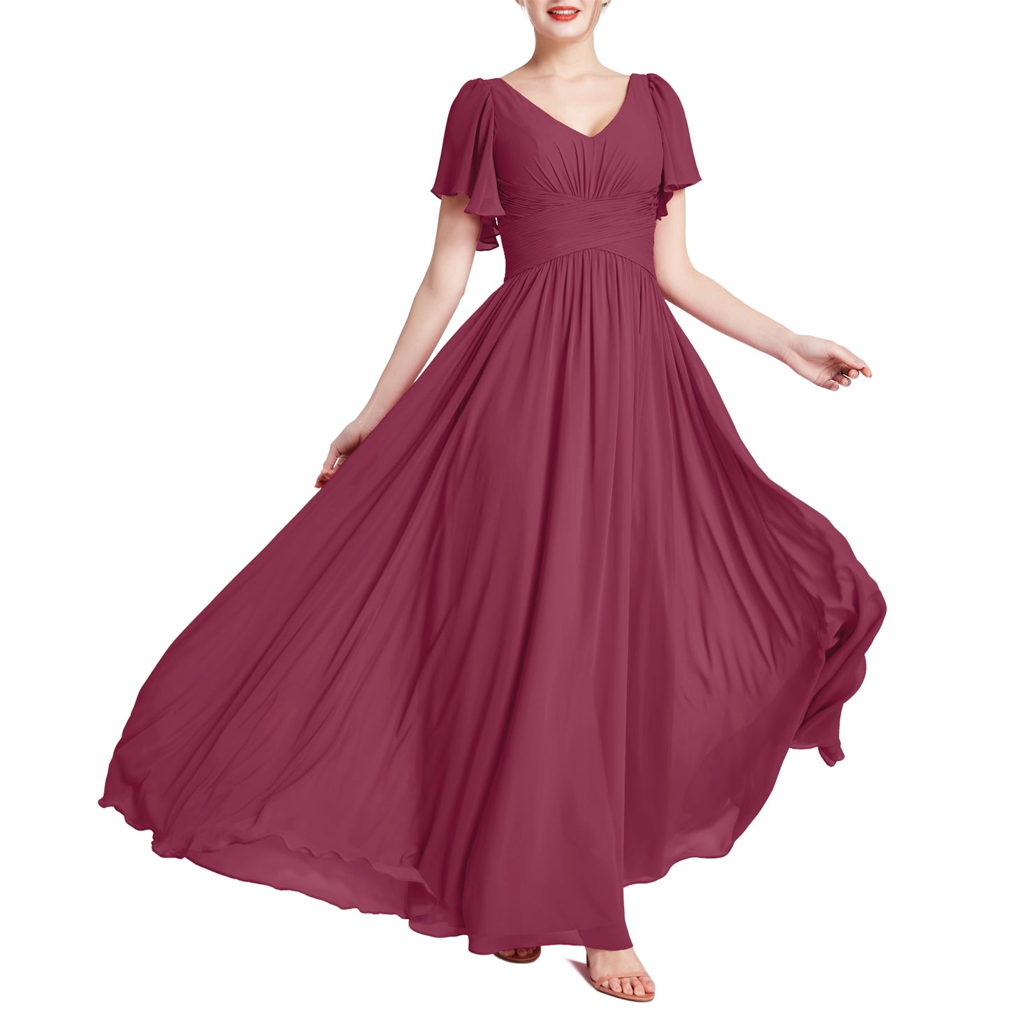 MACloth Vestidos de dama de honor románticos para fiesta de boda con cuello en V y manga corta para mujer