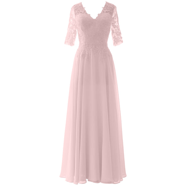 MACloth Long Maxi Mother Bride Dresses Short Sleeve Lace V Neck Evening Gown