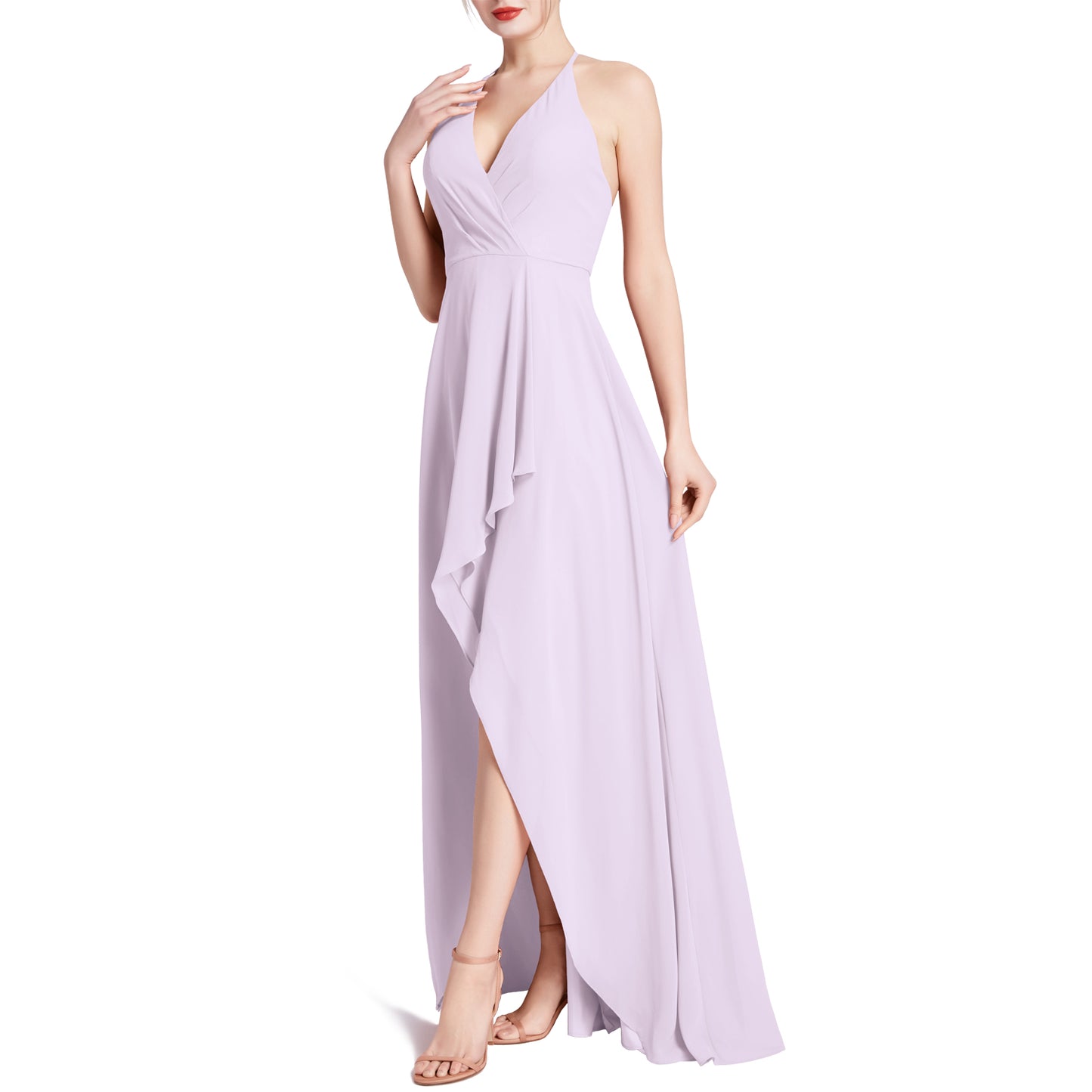 MACloth Women V Neck Halter Hi Lo Long Wedding Party Bridesmaid Dresses