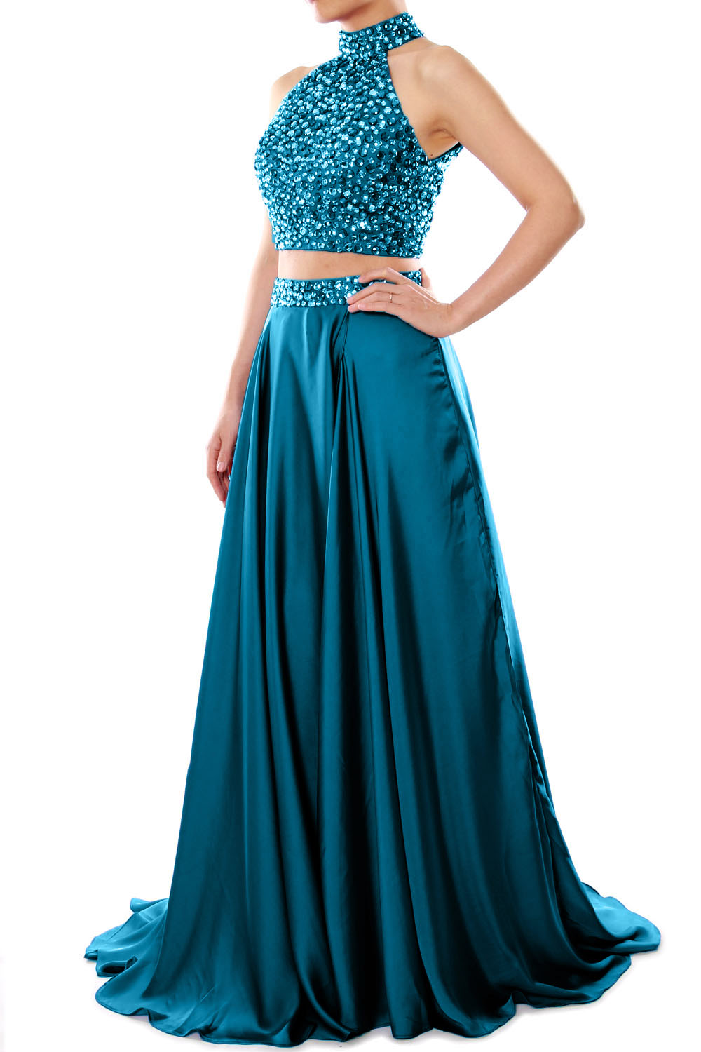 MACloth Women Two Piece Prom Dress High Neck Chiffon Long Formal Eveni MACloth Women Two Piece Prom Dress High Neck Chiffon Long Formal Eveni