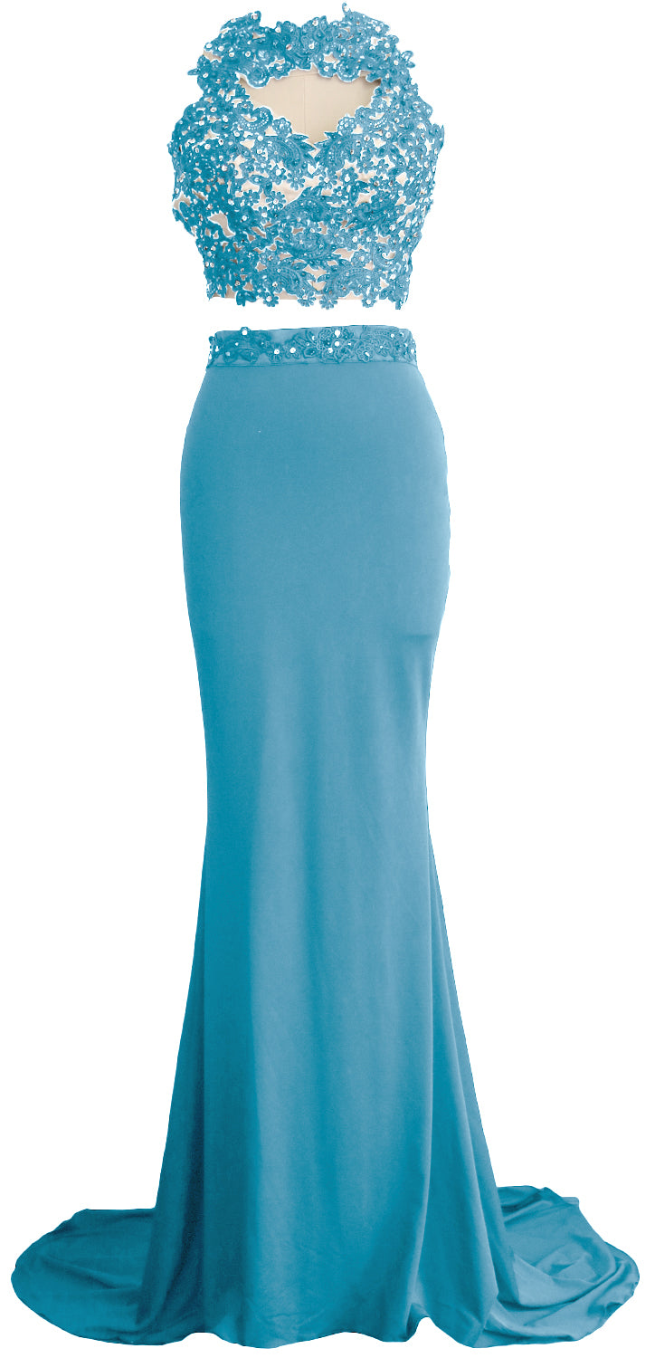 MACloth Damen Meerjungfrau 2-teiliges langes Ballkleid aus Spitze und Jersey, Abendkleid