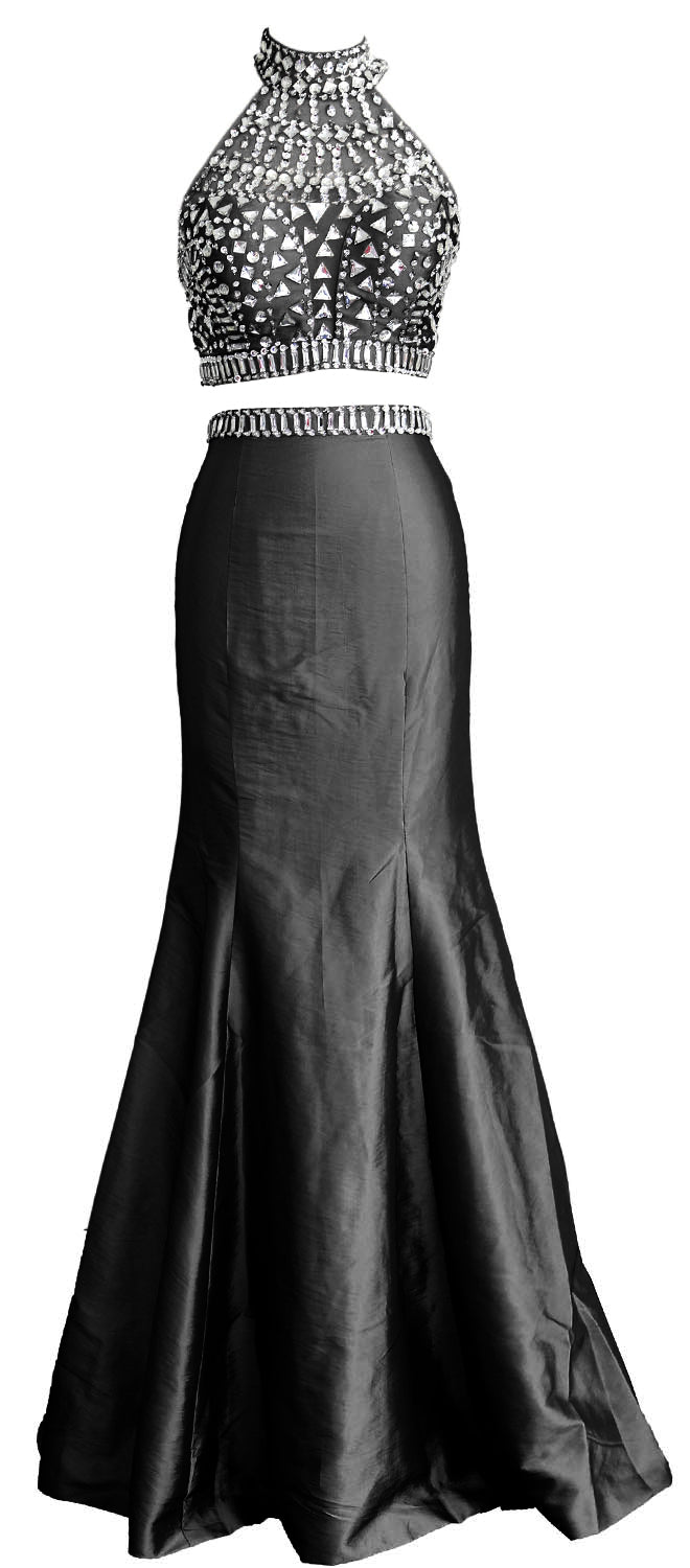 MACloth Women Mermaid Two Piece High Neck Taffeta Long Prom Dress Form MACloth Women Mermaid Two Piece High Neck Taffeta Long Prom Dress Form