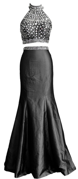 MACloth Women Mermaid Two Piece High Neck Taffeta Long Prom Dress Formal Gown