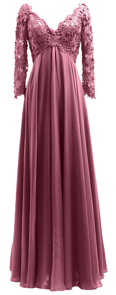 MACloth Women Mother of Bride Dresses V Neck Lace Long Sleeves Evening Gown