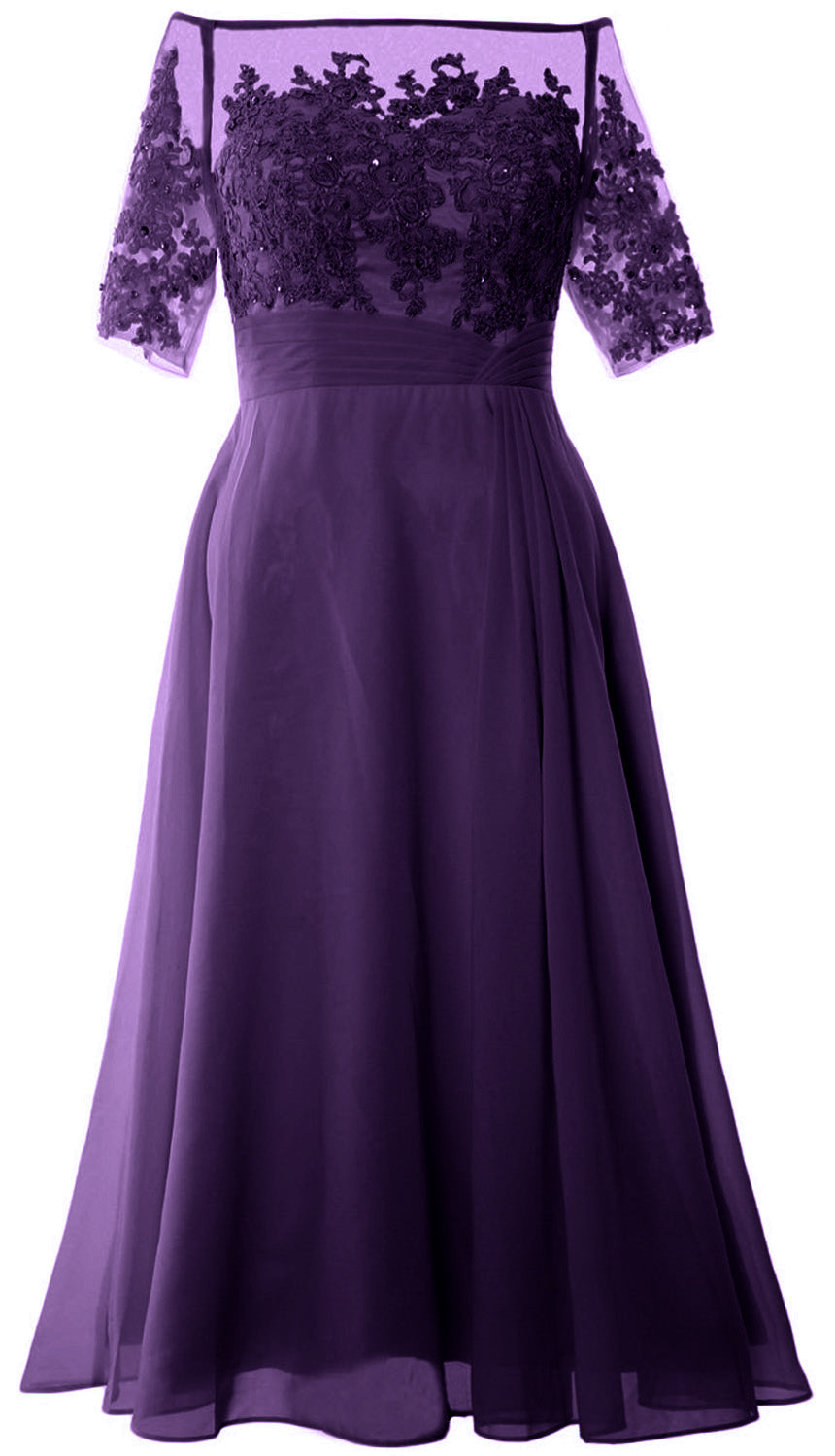 Vestidos de madre de la novia de MACloth, mangas cortas, midi, hombros descubiertos, semi formales