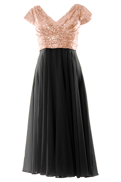 MACloth Women Mother of Bride Dresses Tea Length Sequin Cap Sleeves Bridesmaid