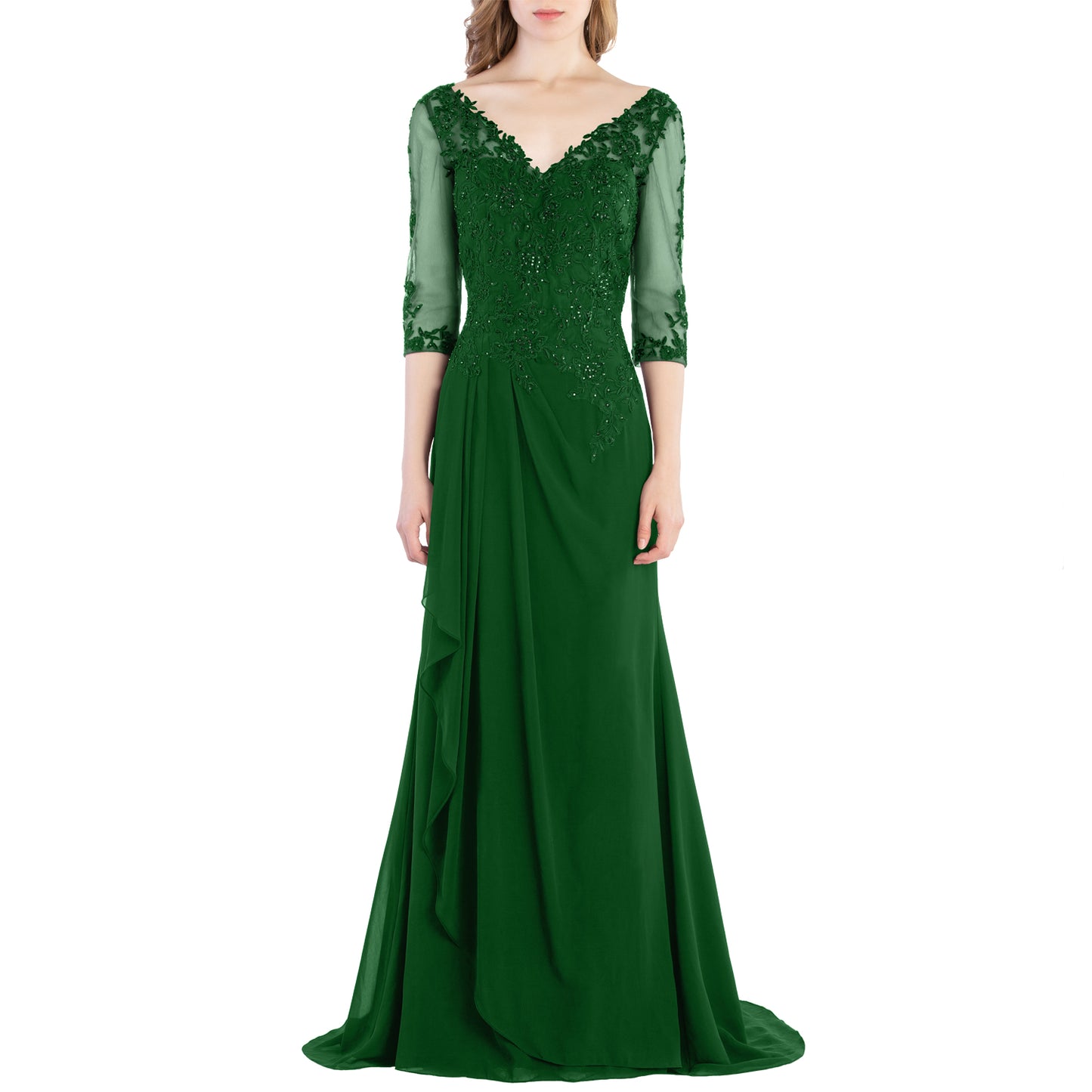 Vestido de novia largo de encaje con escote en V y mangas 3/4 de MACloth para madre de la novia y dama de honor