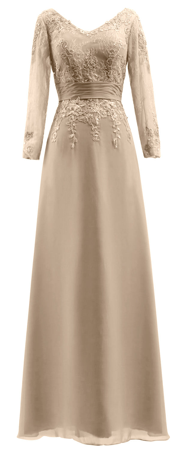 MACloth Vestidos de madre de la novia Mangas largas Cuello en V Encaje Vestido de noche formal