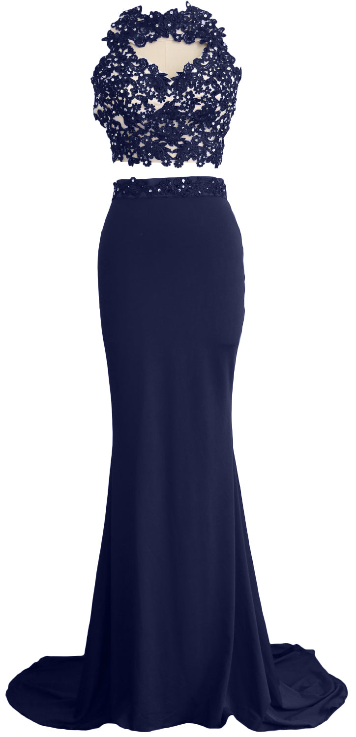 MACloth Damen Meerjungfrau 2-teiliges langes Ballkleid aus Spitze und Jersey, Abendkleid