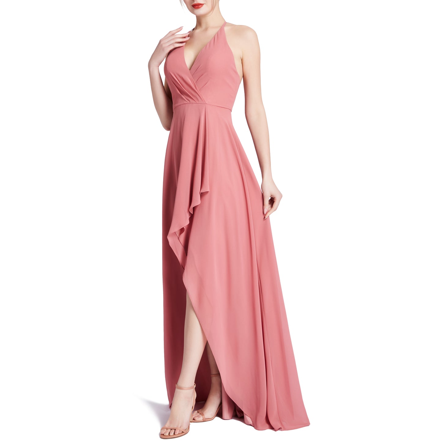MACloth Women V Neck Halter Hi Lo Long Wedding Party Bridesmaid Dresses
