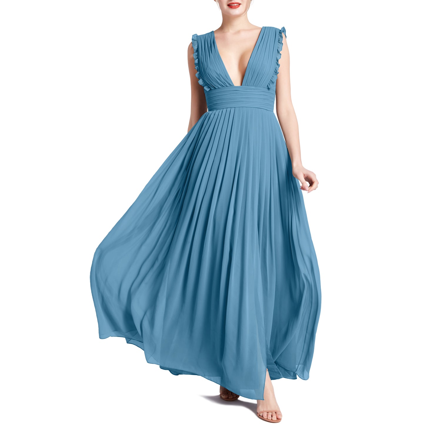 MACloth Women V Neck Ruffle Long Pleated Wedding Party Bridesmaid Dresses