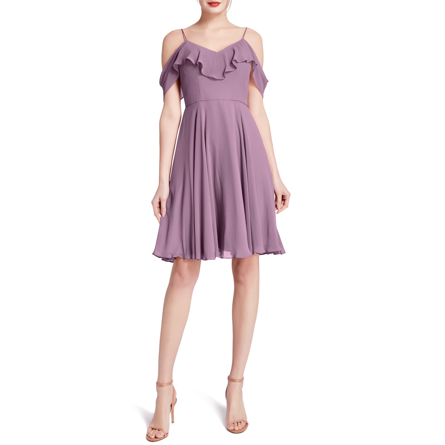 MACloth Damen-Kleid mit kalten Schultern und Rüschen, kurz, für Hochzeit, Party, Brautjungfern