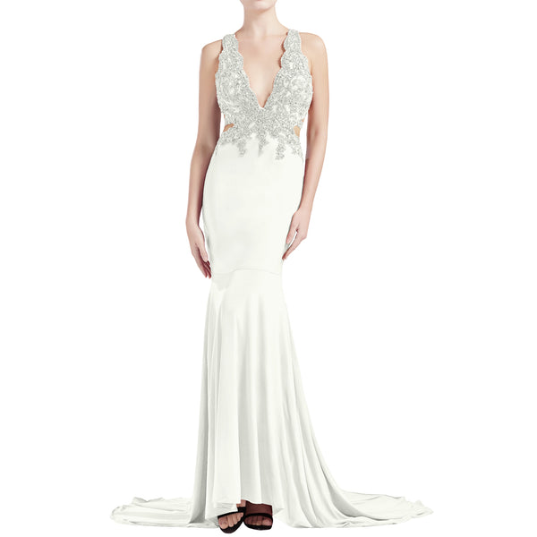 MACloth Women Mermaid V Plunging Neck Lace Long Prom Dresses Formal Evening Gown