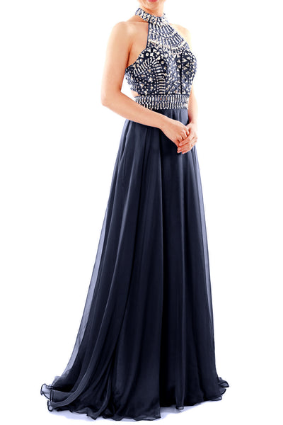 MACloth Women Halter High Neck Sleeveless Long Prom Party Dress Evening Gown