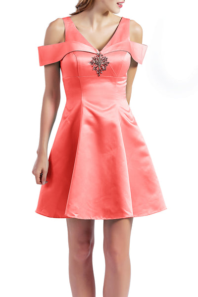 MACloth Women Short Cold Shoulder V Neck Satin Homecoming Dresses Wedding Guest