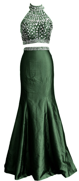 MACloth Women Mermaid Two Piece High Neck Taffeta Long Prom Dress Formal Gown