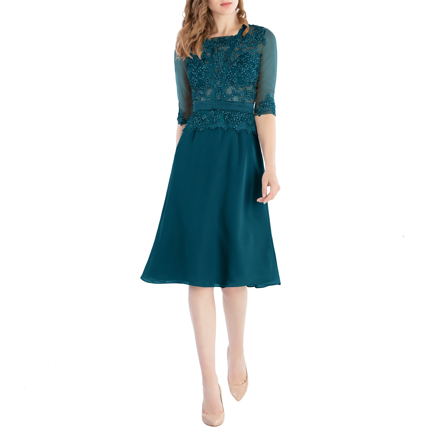 MACloth Damen-Kleid mit Rundhalsausschnitt, Perlenspitze, kurze Halbärmel, für die Brautmutter, Hochzeit, Brautparty