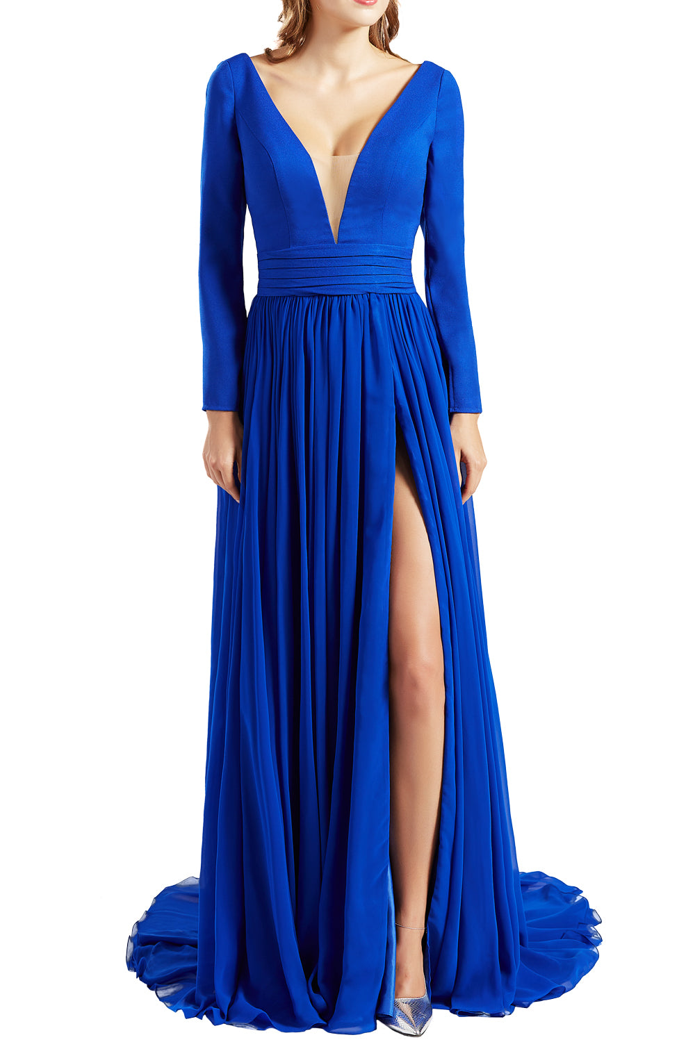 MACloth Women Plunging V Neck Long Sleeves Prom Dresses formal Evening Gown Slit