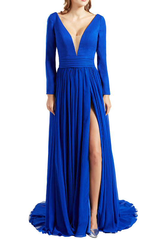 MACloth Mujeres Escote en V Profundo Mangas Largas Vestidos de Fiesta Vestido de Noche Formal Abertura