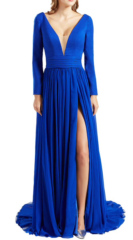 MACloth Women Plunging V Neck Long Sleeves Prom Dresses formal Evening Gown Slit